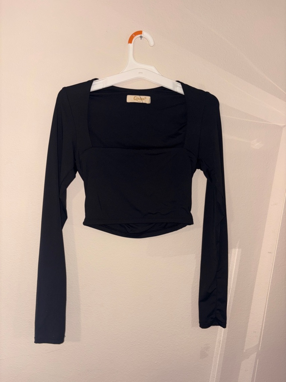 Women's Black Long Sleeve Square Neck Crop Top